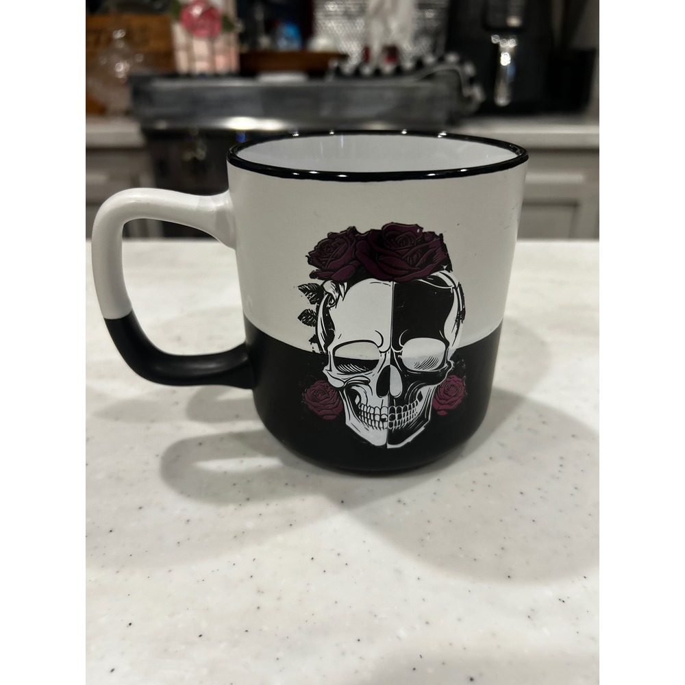 Gothic Skull and Roses Coffee Mug Black White Purple Ceramic Tea Cup 4.5 Inch